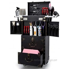ASCASE Rolling Lockable Makeup Train Case Hairdressing Trolley Stylist Beauty Salon Cosmetic Luggage Travel Organizer Tool Box with Hair Dryer Holder