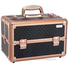 Costravio Large Makeup Train Case with Shoulder Strap Cosmetic Tackle Box with 4 Adjustable Divided Trays Portable Lockable Aluminum Storage Trunk Case Rose Gold Black