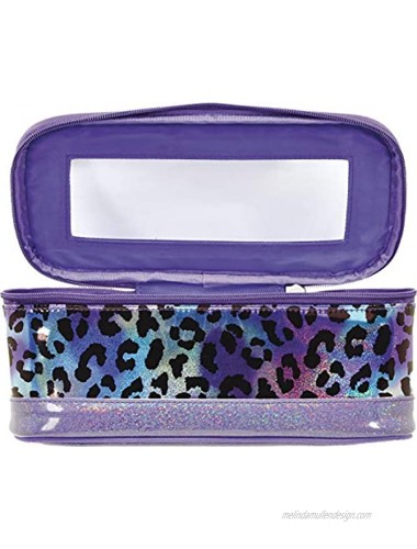 iscream Iridescent Leopard Glitter Finish Zippered Fully Lined 10.5 x 4.75 Train Case Style Cosmetic Travel Bag