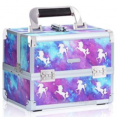 Joligrace Makeup Train Case for Girls Cosmetic Box 2 Trays Key Lock Makeup Box Jewelry Storage Organizer with Mirror Unicorn