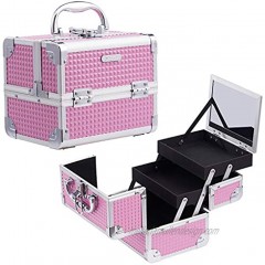 Joligrace Makeup Train Case Portable Cosmetic Box Jewelry Organizer Lockable with Keys and Mirror 2-Tier Trays Carrying with Handle Makeup Storage Box Pink