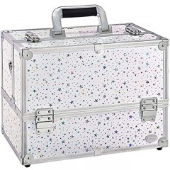 Joligrace Professional Cosmetic Makeup Train Case Star Design 14 Inch Large 6 Trays with Adjustable Dividers and Compartments Travel Storage Organizer Box with Lock and Keys