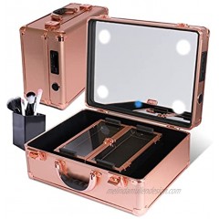 Portable Makeup Train Case – Professional Travel Cosmetic Organizer and Storage Box with Full Mirror with Built in Lights 3 Dimmable Light Colors and M-u-s-i-c Player Beauty Vanity Handle Case perfect for Makeup Artist Rose Gold
