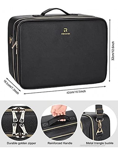Relavel Makeup Train Case Travel Makeup Bag Cosmetic Organizer Extra Large Capacity Makeup Case with Adjustable Shoulder Strap and Dual Set of Adjustable Dividers Extra Large Black