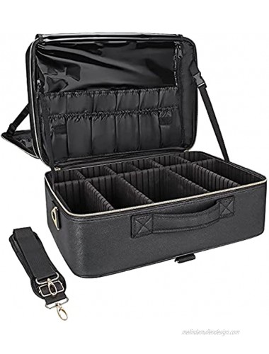Relavel Makeup Train Case Travel Makeup Bag Cosmetic Organizer Extra Large Capacity Makeup Case with Adjustable Shoulder Strap and Dual Set of Adjustable Dividers Extra Large Black