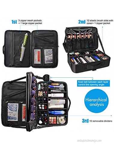 Relavel Professional Makeup Train Case Cosmetic Bag Brush Organizer and Storage 16.5 Travel Make Up Artist Box 3 Layer Large Capacity with Adjustable Strap Black