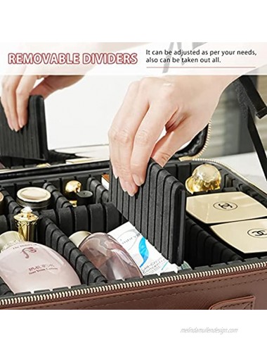 ROWNYEON Travel Makeup Train Case Makeup Cosmetic Case Organizer Portable Artist Storage Bag Waterproof for Cosmetics Makeup Brushes with Adjustable Dividers Detachable Mirror and Brushslot Brown 14.5