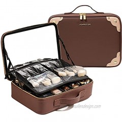 ROWNYEON Travel Makeup Train Case Makeup Cosmetic Case Organizer Portable Artist Storage Bag Waterproof for Cosmetics Makeup Brushes with Adjustable Dividers Detachable Mirror and Brushslot Brown 14.5"