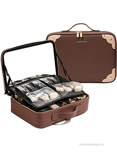 ROWNYEON Travel Makeup Train Case Makeup Cosmetic Case Organizer Portable Artist Storage Bag Waterproof for Cosmetics Makeup Brushes with Adjustable Dividers Detachable Mirror and Brushslot Brown 14.5