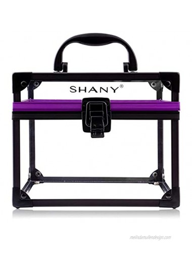 SHANY Clear Cosmetics and Toiletry Train Case Large-Sized Travel Makeup Organizer with Secure Closure and Black Purple Accents