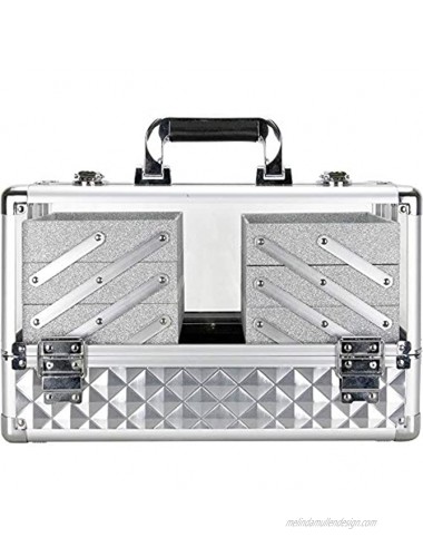 Ver Beauty Professional Jewelry & Makeup Organizer 3.8mm Heavy Duty Acrylic Travel Case with 6 Extendable Trays and Keylocks Silver Diamond