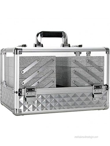 Ver Beauty Professional Jewelry & Makeup Organizer 3.8mm Heavy Duty Acrylic Travel Case with 6 Extendable Trays and Keylocks Silver Diamond