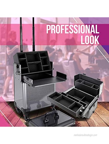 Ver Beauty Professional Rolling Makeup Case Heavy Duty Hair Stylist & Makeup Artist Travel Case with Easy Slide and Extendable Trays Carbon Fiber