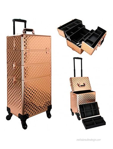 Ver Beauty Professional Rolling Makeup Case Heavy Duty Makeup Artist Travel Case with 4 Extendable Trays Rose Gold Diamond
