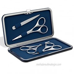 Suvorna Professional Men's Grooming Facial Hair Removal Trimming Kit 4 Pcs. Mustache & Beard Ears & Nose and Eyebrow Scissors along with Slant Tweezers. Comes with. Dark Blue